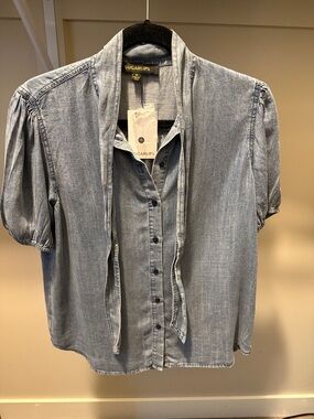 Sugarlips Light Blue Chambray Button-Down Top with Tie Neck